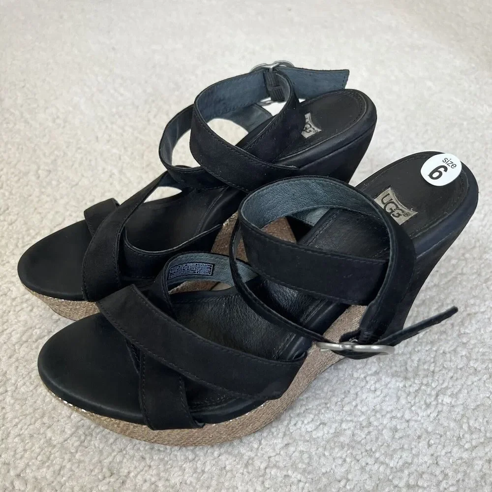 UGG  Ariah Black Suede Nubuck‎ Snake Wedge Platform Sandals Women Size 7